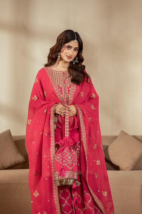[PE3PC-FRW25114] Noor-e-Jahan(Fuchsia Pink) – Luxe Raw Silk & Chiffon 3-Piece Suit