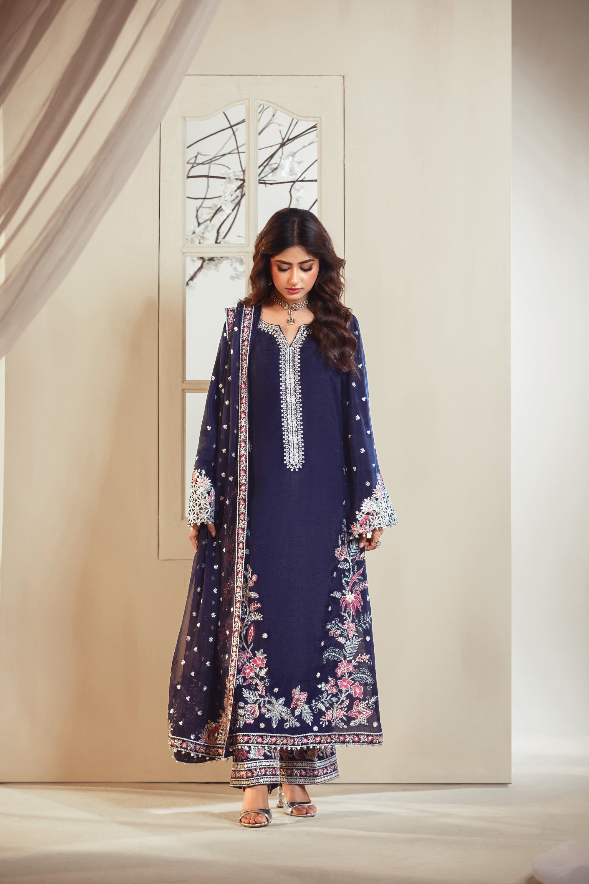 [PE3PC-FRW25115] Gul-e-Naz Royal Blue - Luxe Raw Silk Chiffon 3-Piece Suit