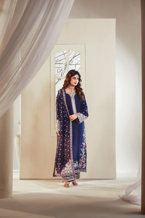 [PE3PC-FRW25115] Gul-e-Naz Royal Blue - Luxe Raw Silk Chiffon 3-Piece Suit