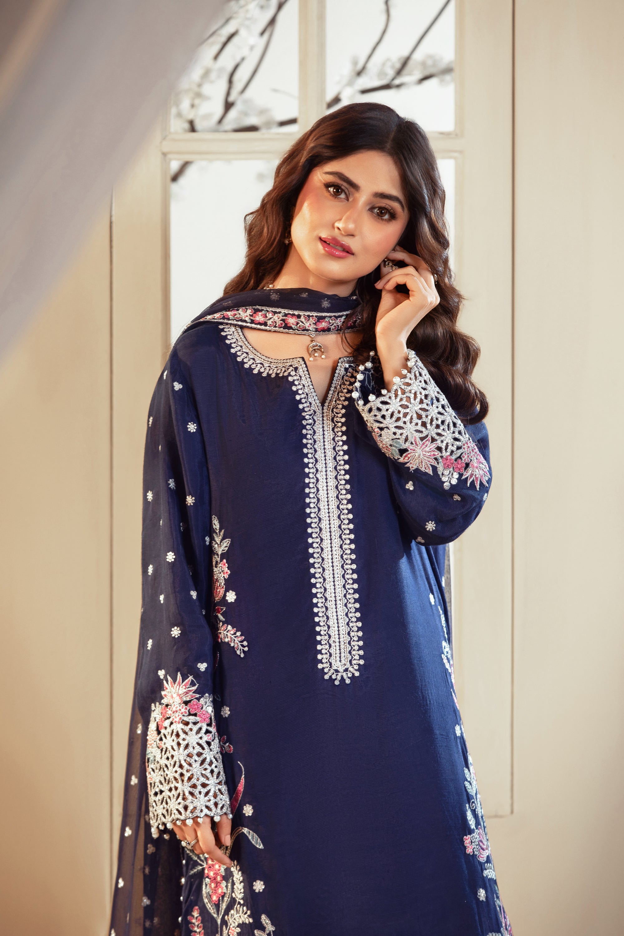[PE3PC-FRW25115] Gul-e-Naz Royal Blue - Luxe Raw Silk Chiffon 3-Piece Suit