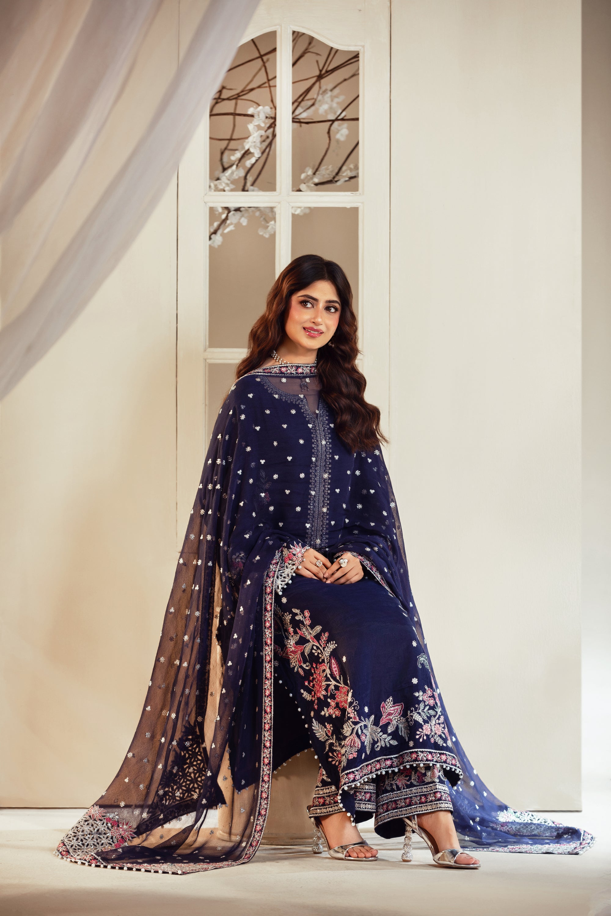 [PE3PC-FRW25115] Gul-e-Naz Royal Blue - Luxe Raw Silk Chiffon 3-Piece Suit