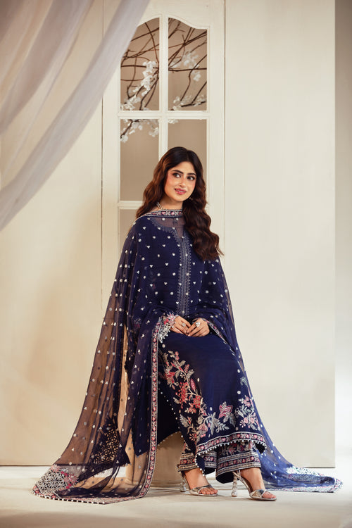 [PE3PC-FRW25115] Gul-e-Naz Royal Blue - Luxe Raw Silk Chiffon 3-Piece Suit