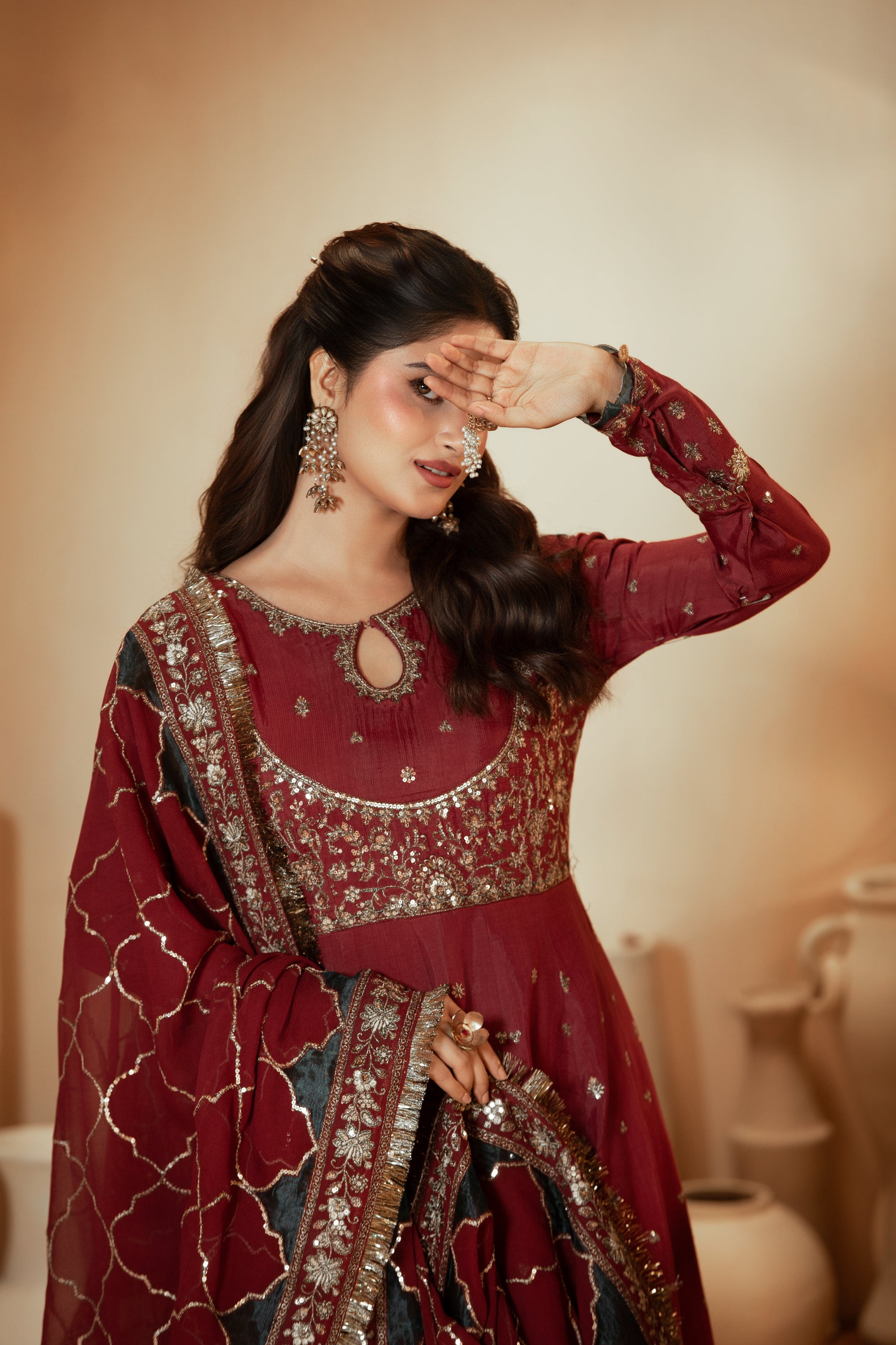 [PE3PC-FRW25118] Umrao-Jann Maroon - Luxe Raw Silk Chiffon 3-Piece Suit