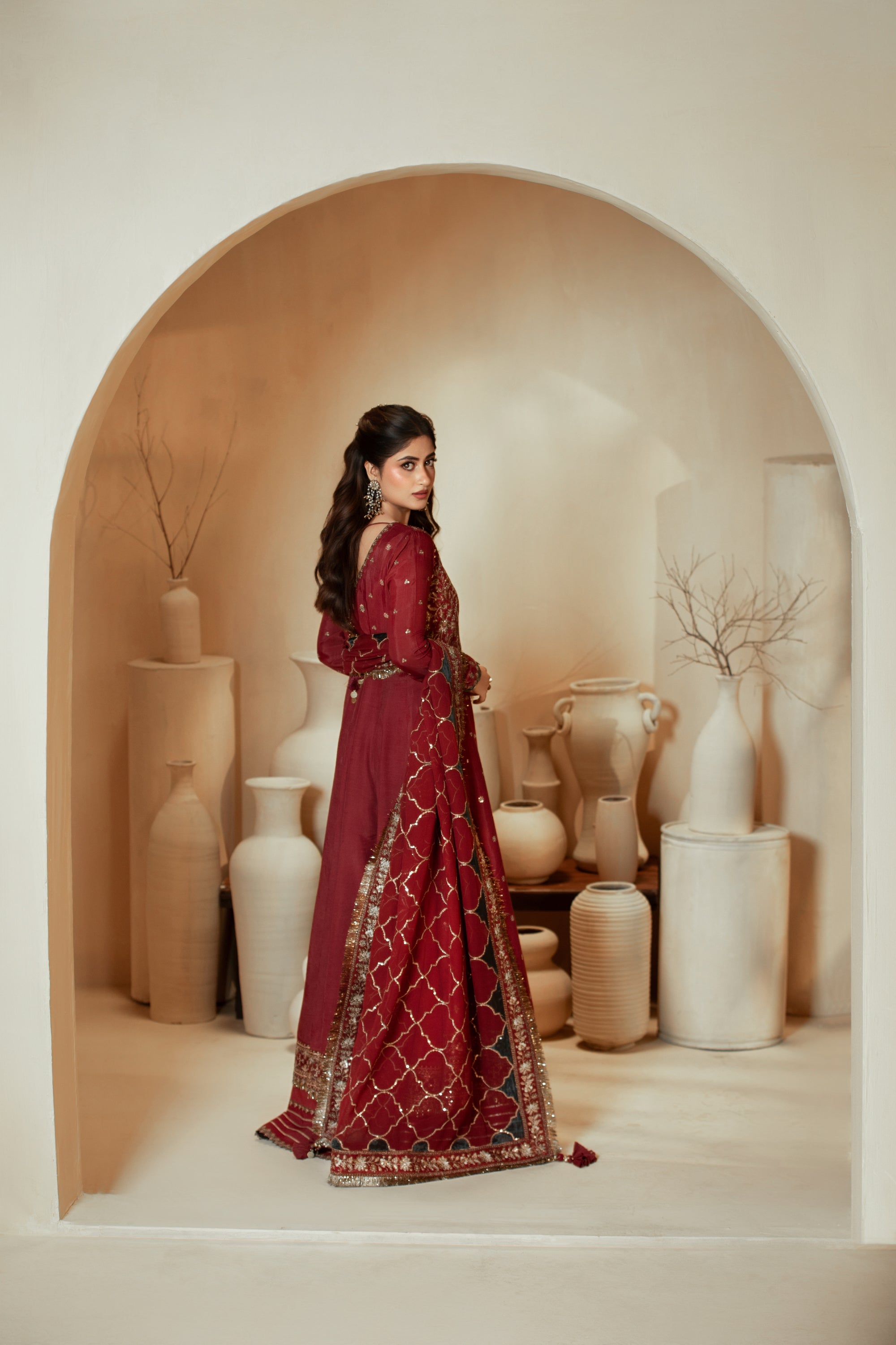 [PE3PC-FRW25118] Umrao-Jann Maroon - Luxe Raw Silk Chiffon 3-Piece Suit