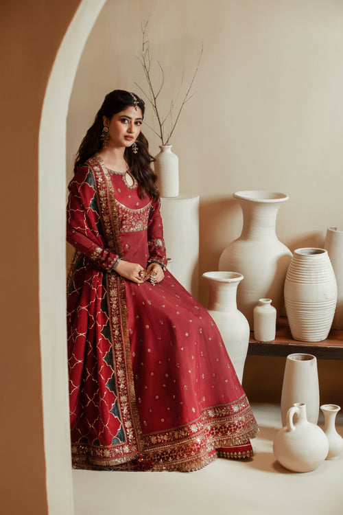 [PE3PC-FRW25118] Umrao-Jann Maroon - Luxe Raw Silk Chiffon 3-Piece Suit