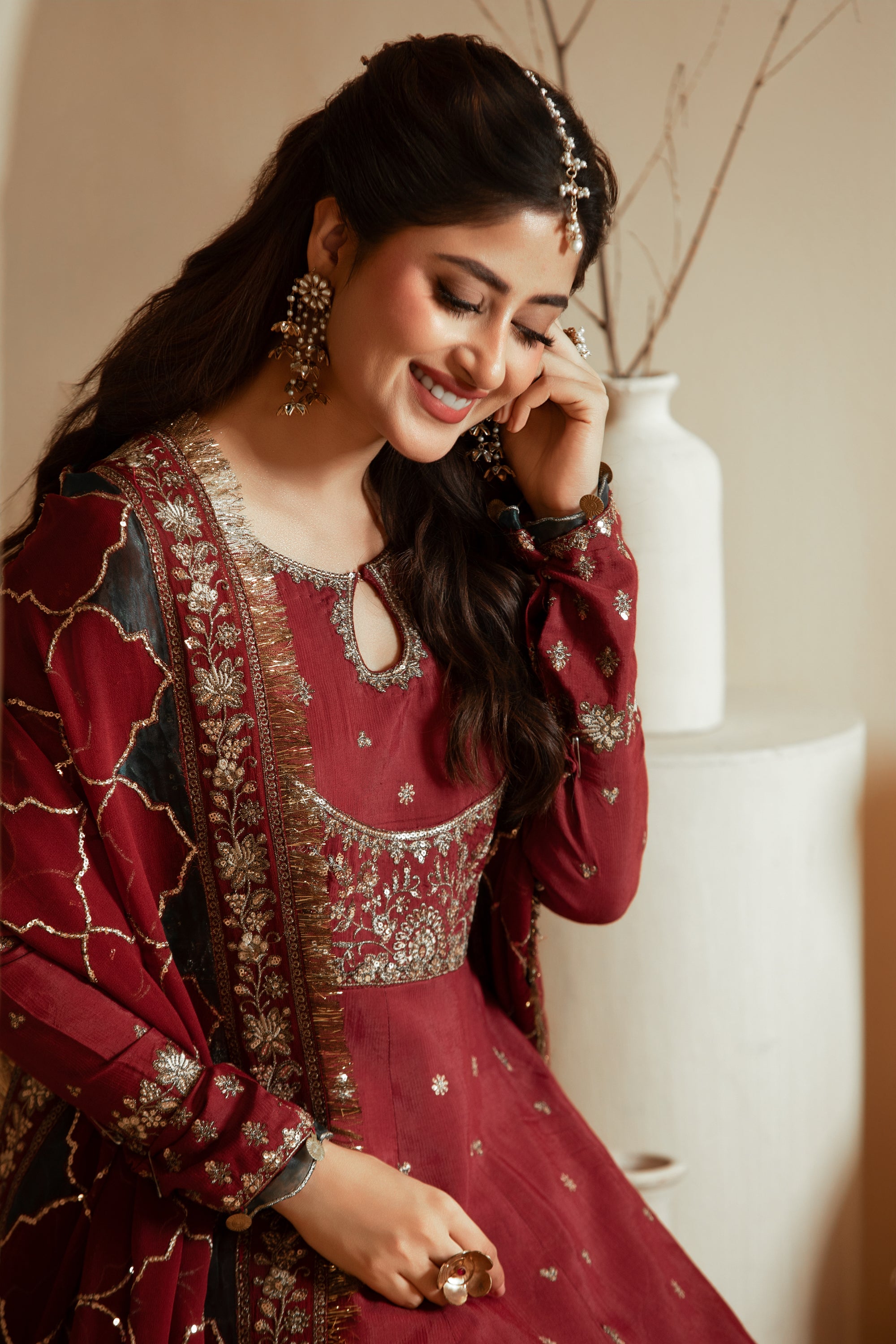[PE3PC-FRW25118] Umrao-Jann Maroon - Luxe Raw Silk Chiffon 3-Piece Suit