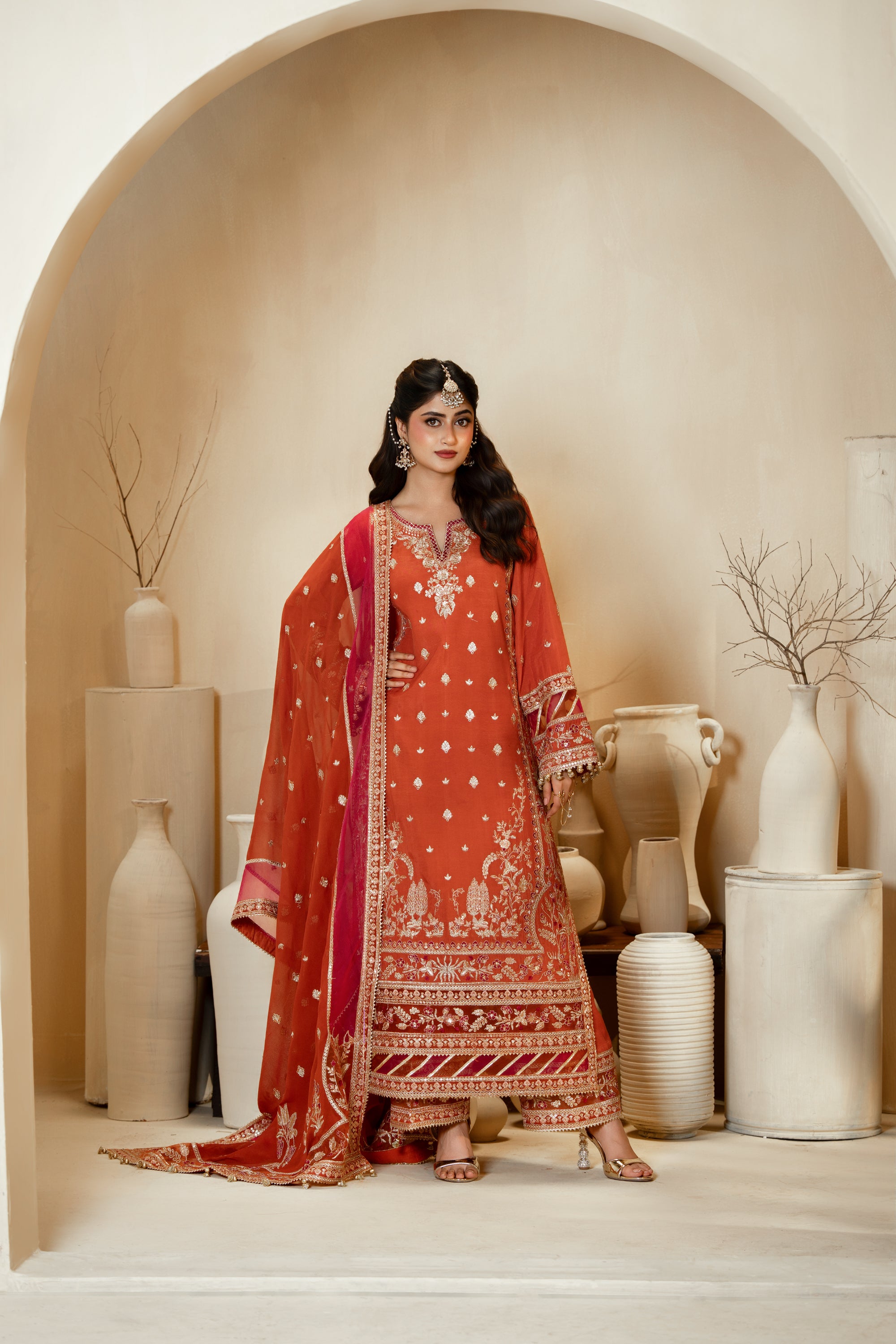 [PE3PC-FRW25113] Gulzar(Orange) – Luxe Raw Silk & Chiffon 3-Piece Suit
