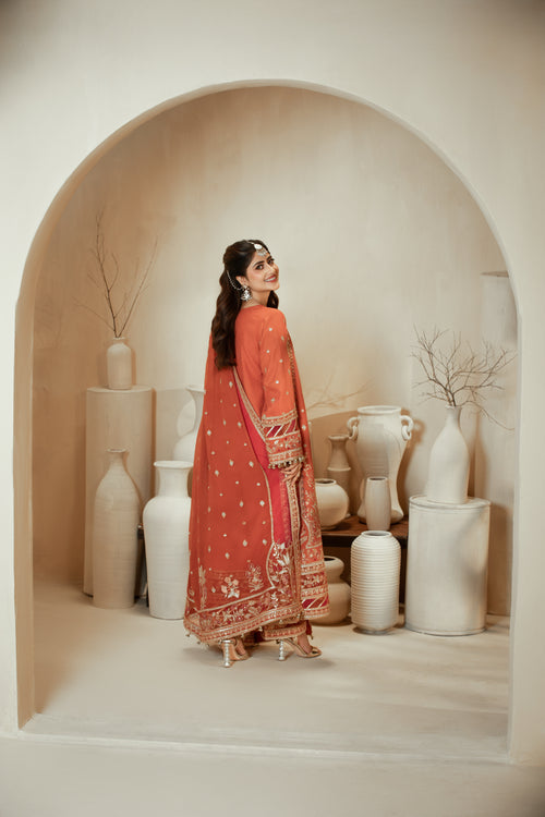 [PE3PC-FRW25113] Gulzar(Orange) – Luxe Raw Silk & Chiffon 3-Piece Suit