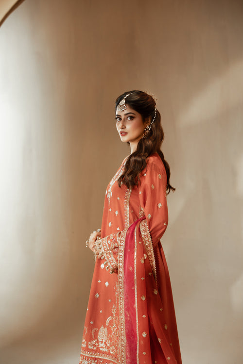 [PE3PC-FRW25113] Gulzar(Orange) – Luxe Raw Silk & Chiffon 3-Piece Suit