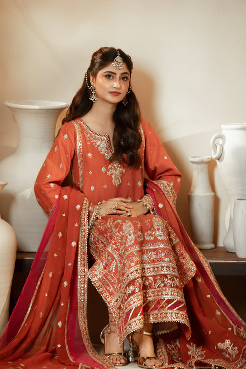 [PE3PC-FRW25113] Gulzar(Orange) – Luxe Raw Silk & Chiffon 3-Piece Suit