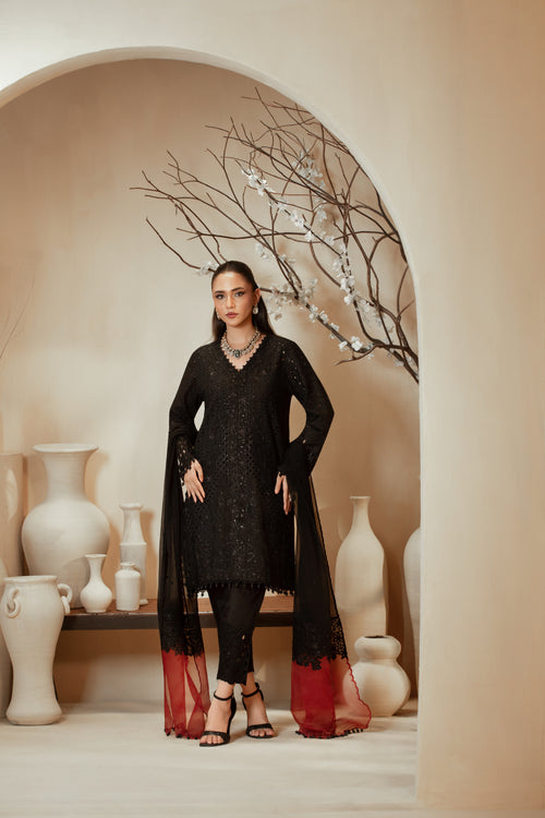 [PE3PC-FRW25116] Siya Pari Black - Luxe Raw Silk Chiffon 3-Piece Suit