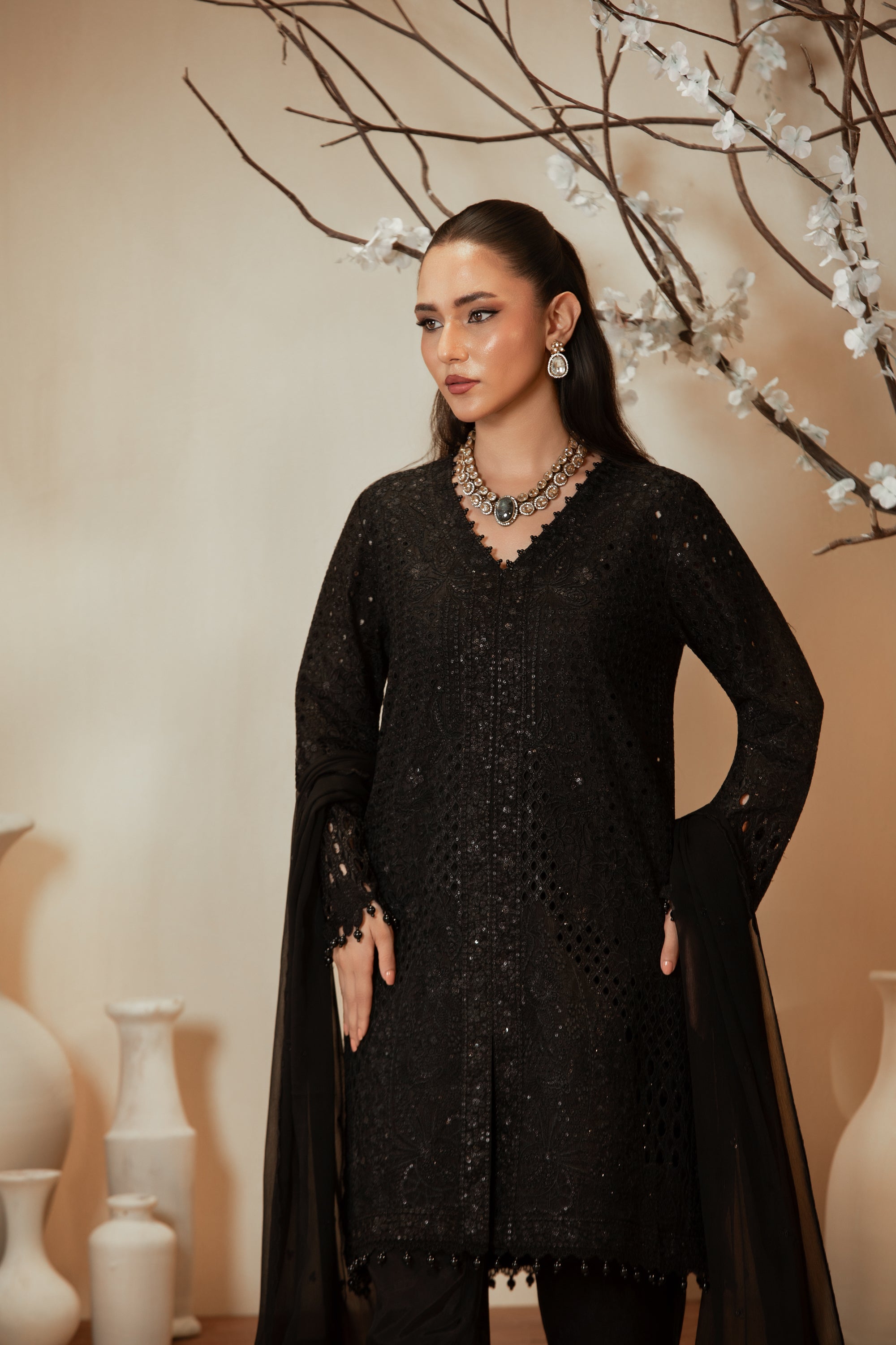 [PE3PC-FRW25116] Siya Pari Black - Luxe Raw Silk Chiffon 3-Piece Suit