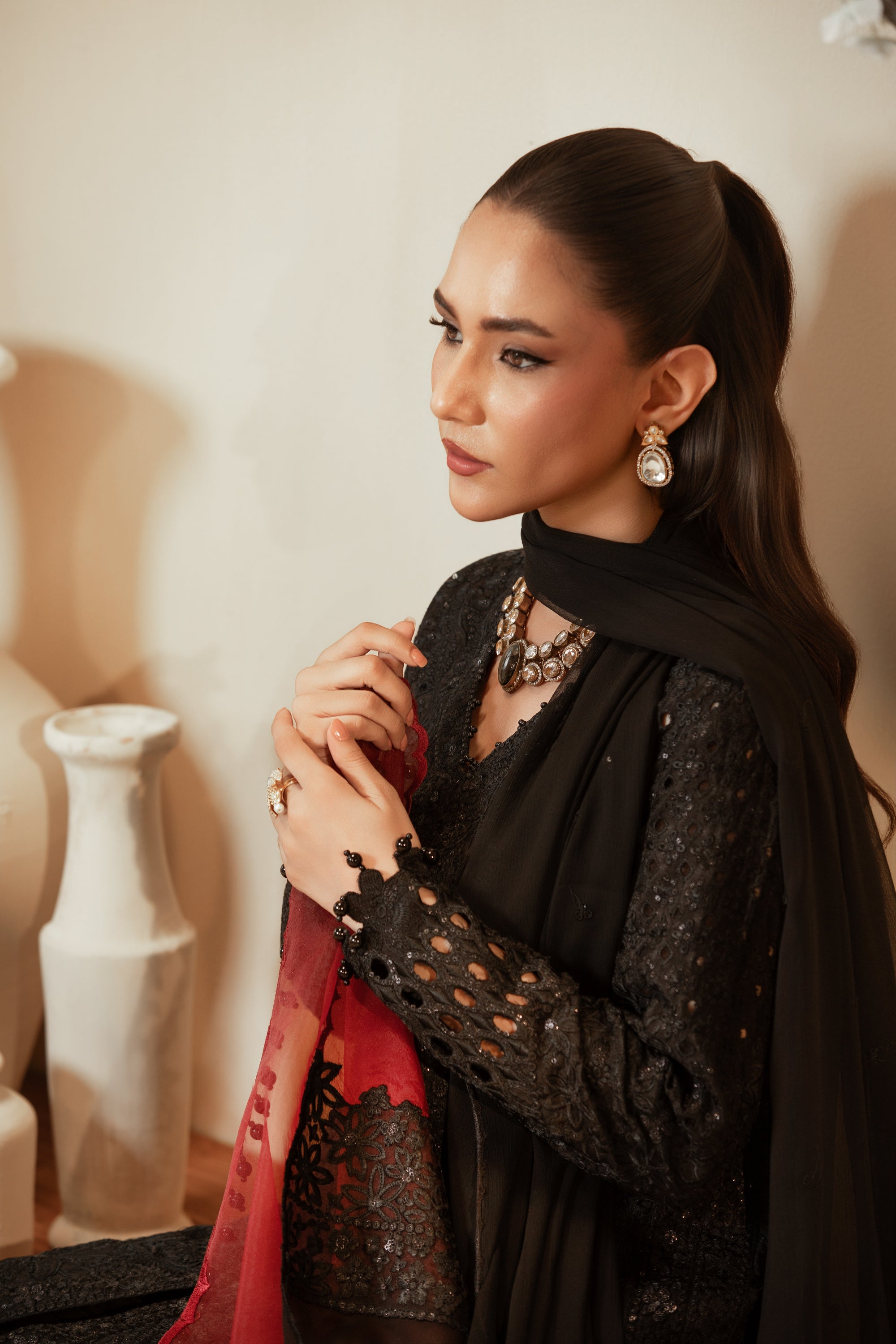 [PE3PC-FRW25116] Siya Pari Black - Luxe Raw Silk Chiffon 3-Piece Suit
