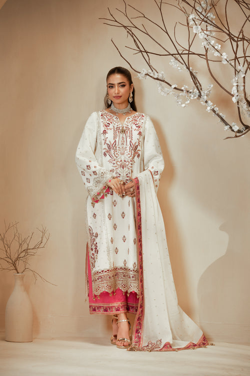 [PE3PC-FRW25117] Parizad Off White - Luxe Raw Silk Chiffon 3-Piece Suit