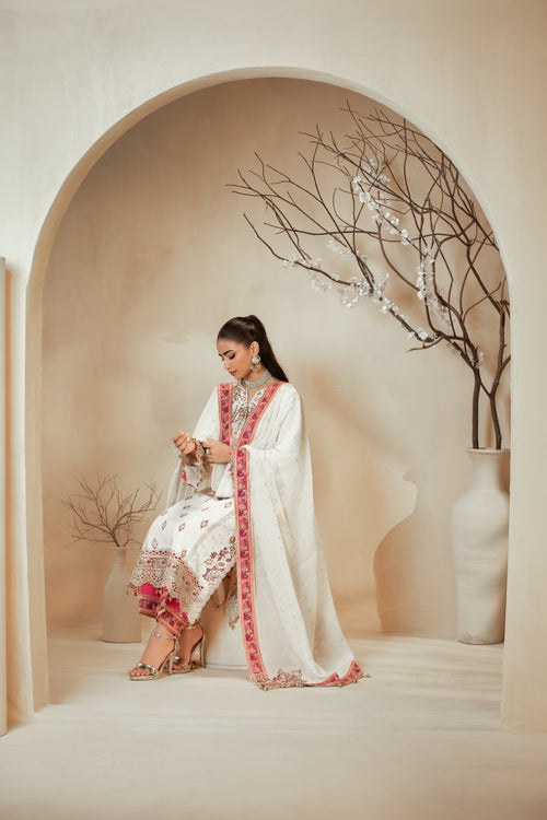 [PE3PC-FRW25117] Parizad Off White - Luxe Raw Silk Chiffon 3-Piece Suit