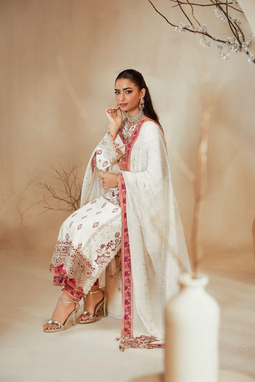 [PE3PC-FRW25117] Parizad Off White - Luxe Raw Silk Chiffon 3-Piece Suit