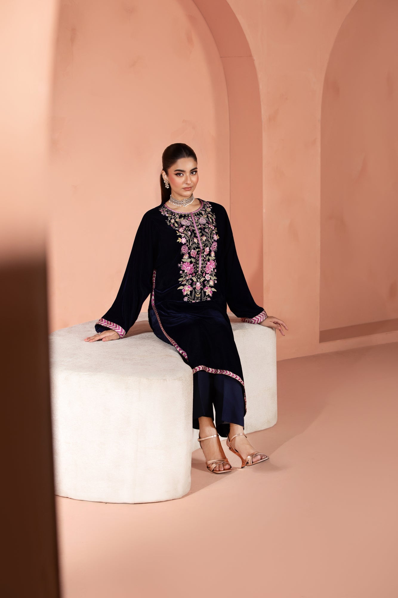Zarmina (Dark Blue) – Signature Embroidered Velvet Shirt
