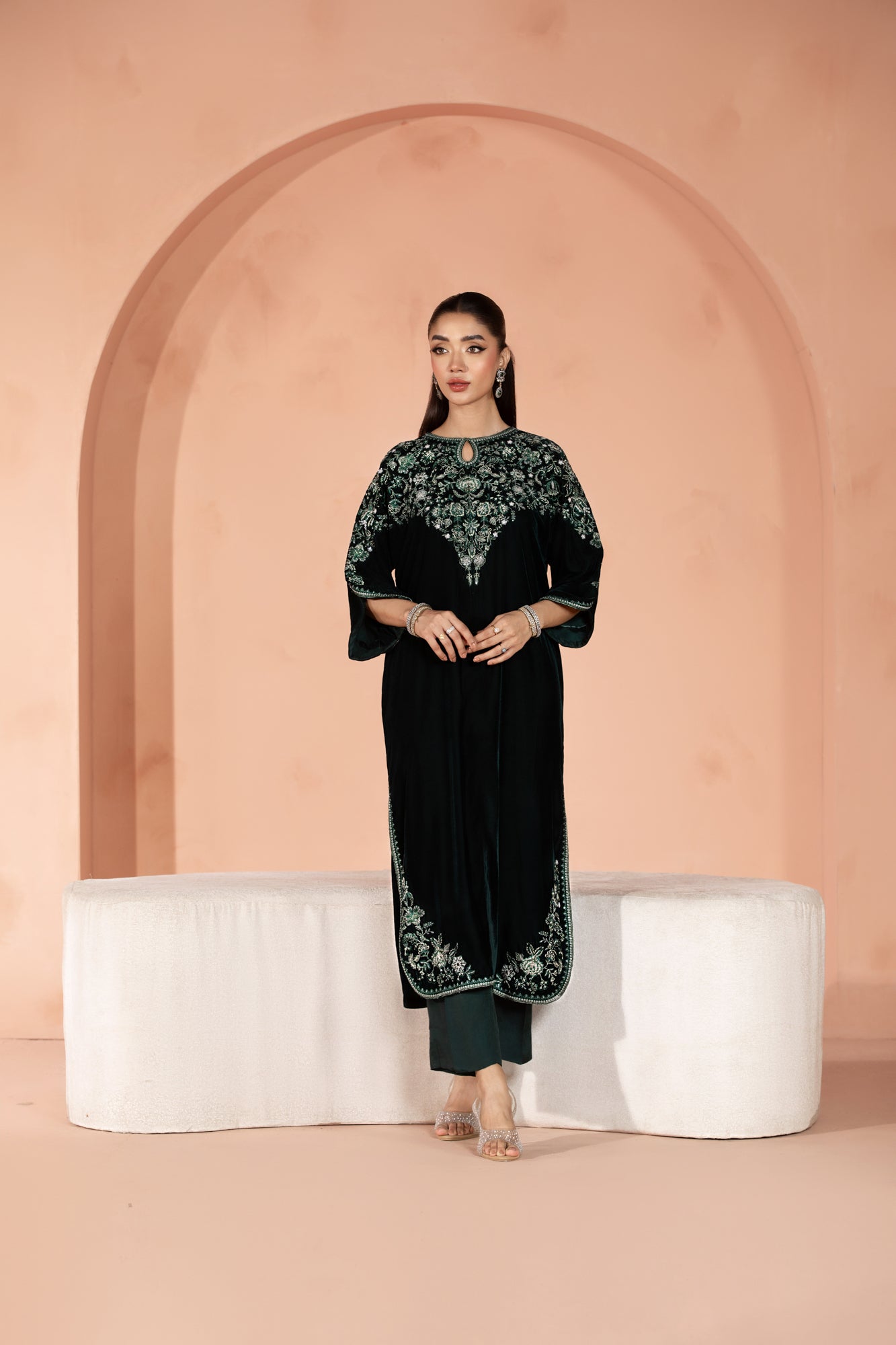 Arzo (Dark Green) –  Signature Embroidered Velvet Shirt