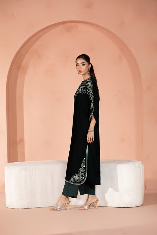 Arzo (Dark Green) –  Signature Embroidered Velvet Shirt
