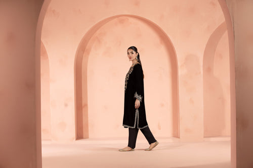Raha (Black) –  Signature Embroidered Velvet Shirt