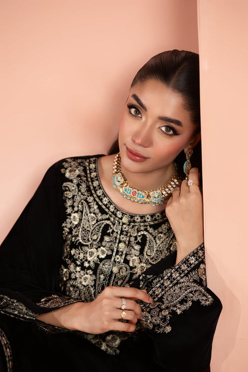 Raha (Black) –  Signature Embroidered Velvet Shirt